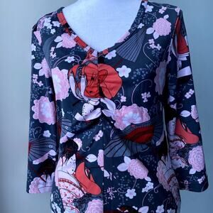 Vintage La Belle Floral Geisha Pink Red 3/4 Sleeve V Neck Womens Y2k Top